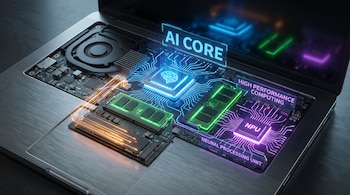 Interior de una laptop mostrando componentes como una NPU, procesador, memoria RAM y SSD con circuitos iluminados, destacando tecnología de IA y alto rendimiento.