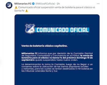 Millonarios canceló venta de boletería