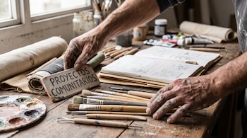 Manos con pintura sobre una mesa de madera que sostiene pinceles, paletas de pintura, un cuaderno de bocetos y un cartel rotulado.