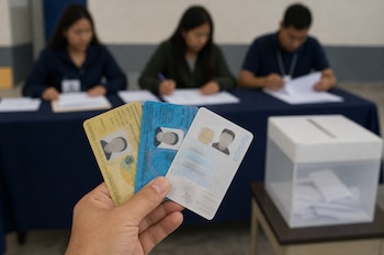 Una mano sostiene tres tarjetas de identidad de colores amarillo, azul y blanco frente a una mesa con una urna transparente y tres personas.
