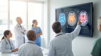 Grupo de médicos en batas blancas discutiendo frente a una pantalla grande que muestra tres resonancias magnéticas cerebrales con áreas resaltadas en azul, naranja y rojo.