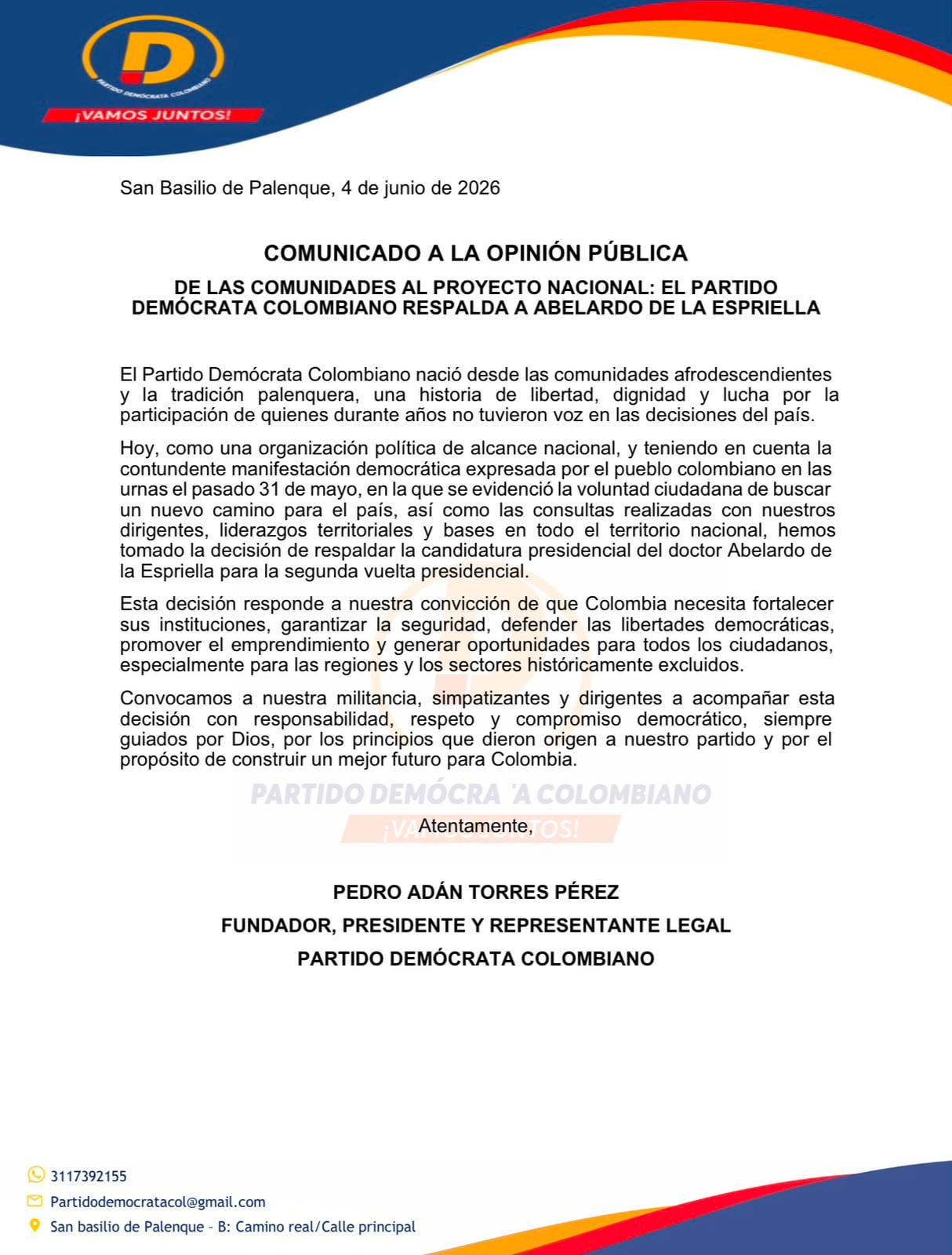 El Partido Demócrata Colombiano anunció oficialmente su respaldo a la candidatura presidencial de Abelardo de la Espriella para la segunda vuelta - crédito Partido Demócrata Colombiano