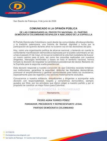El Partido Demócrata Colombiano anunció oficialmente su respaldo a la candidatura presidencial de Abelardo de la Espriella para la segunda vuelta - crédito Partido Demócrata Colombiano