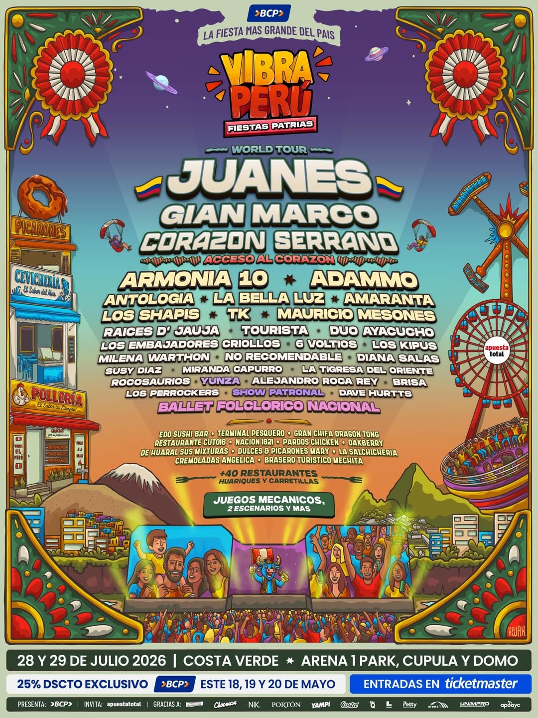 Juanes, Gian Marco y Corazón Serrano encabezan el cartel de Vibra Perú 2026, el festival más esperado del año.