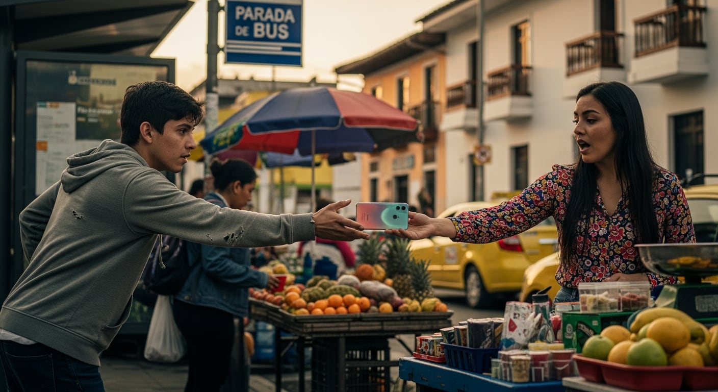 Un joven intenta robar un teléfono celular a una mujer en una concurrida calle colombiana, reflejando la preocupante realidad de la inseguridad y el hurto de dispositivos móviles. (Imagen Ilustrativa Infobae)