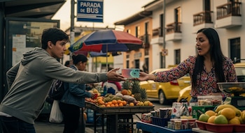 Joven con hoodie gris y mujer con blusa floral se disputan un teléfono móvil colorido en una calle con puestos de frutas y un cartel de Parada de Bus.