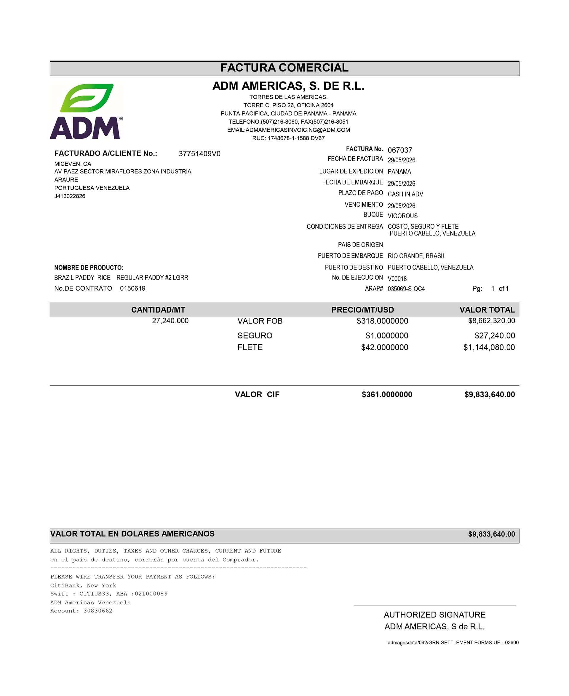 Factura comercial por la compra de 27.240 toneladas métricas de arroz paddy destinadas a su importación en Venezuela