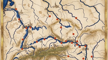 Ilustración de mapa antiguo sobre pergamino con ríos azules, nombres de los ríos, fortalezas dibujadas y círculos rojos.