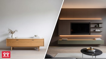 Imagen dividida con dos salas de estar. Izquierda: mueble de madera, jarrón, libros. Derecha: unidad de pared con televisor, estantes, mesa de centro, sofá. Logo Infonavit.