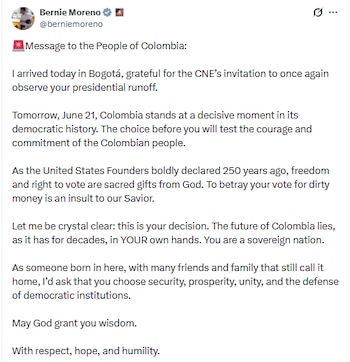 Bernie Moreno envió mensajes a los colombianos - crédito @berniemoreno/X