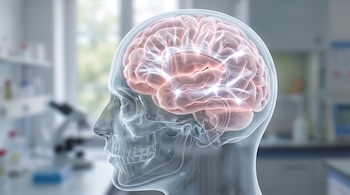 Perfil transparente de una cabeza humana que deja ver el cerebro iluminado por fibras blancas sobre un fondo de laboratorio desenfocado.