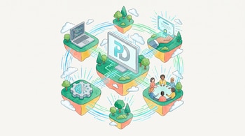 Ilustración acuarela de islas flotantes conectadas por redes. Muestra una laptop, un diploma, un engranaje con cerebro, personas colaborando y un monitor con logo PD.