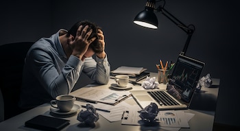 Hombre con camisa azul sentado en un escritorio oscuro con las manos en la cabeza, rodeado de papeles, tazas de café y un portátil con gráficos financieros.