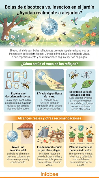Infografía con una bola de discoteca, avispas, moscas, un nido, un cubo de basura con comida y plantas, explicando el control de insectos.