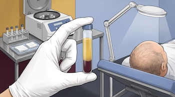 Mano con guante blanco que sostiene un tubo con líquido amarillo y rojo, una centrífuga, una lámpara y un paciente recostado.