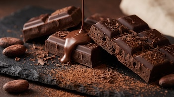 Bloques de chocolate negro, virutas, cacao en polvo y granos de cacao sobre una superficie oscura de pizarra.