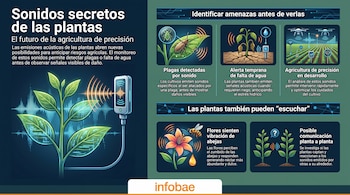 Infografía sobre sonidos de plantas, con ilustraciones de plantas, insectos, drones, sensores, y una abeja, que muestran detección de plagas y necesidades de riego.