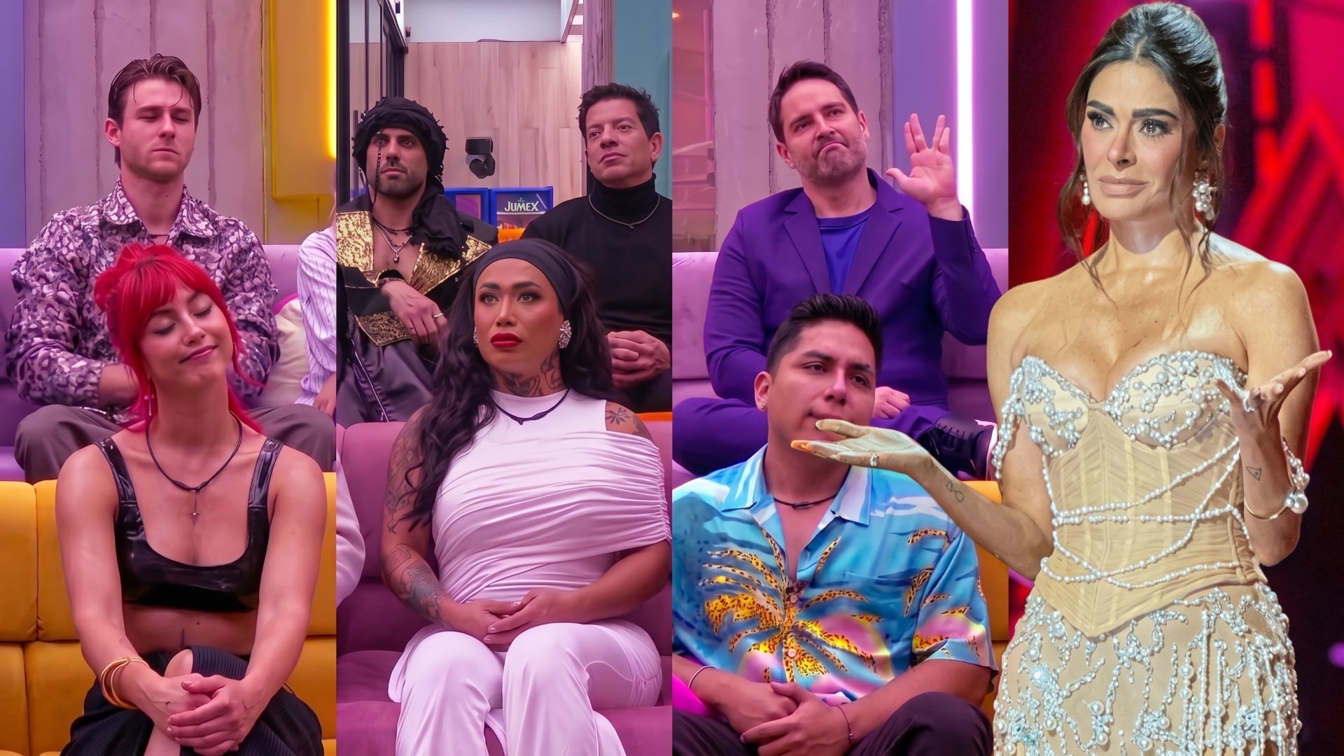 Galilea Montijo, con un vestido de perlas, interactúa durante un enlace del programa La Casa de los Famosos México 4, junto a los participantes sentados en el estudio. (Especial Infobae México)