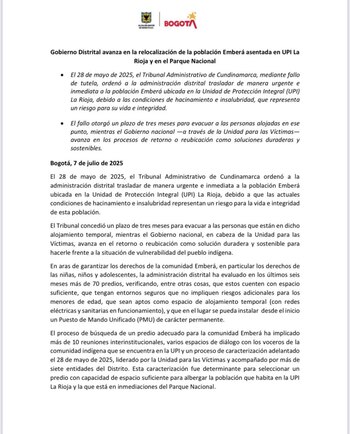 La reubicación en el IDPAC es una medida temporal mientras avanzan los procesos de retorno y reubicación liderados por la Unidad para las Víctimas - crédito Alcaldía de Bogotá