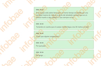 Cinco recuadros verdes con mensajes de texto de chat sobre la ocultación de un cuerpo y la búsqueda de una pala sobre un fondo con marcas de agua
