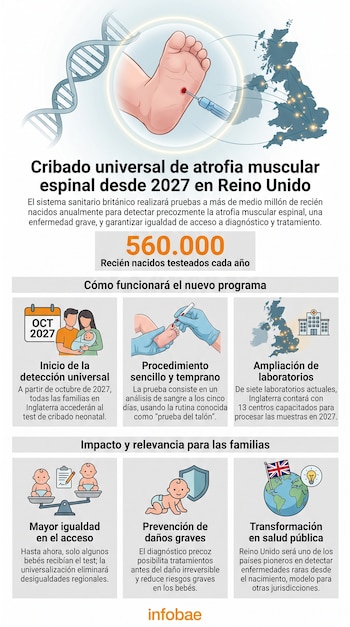 Infografía con hélice de ADN, pie de bebé con punción, mapa del Reino Unido, calendario, familia, manos, hospital, balanza, bebé con escudo, globo con bandera.