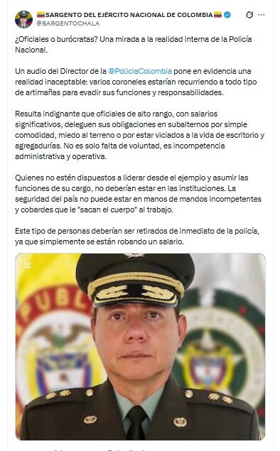 El sargento (r) Chala se refirió a lo ocurrido desde su cuenta de X la noche del lunes 2 de febrero, y pidió la salida de varios uniformados - crédito @SARGENTOCHALA/X