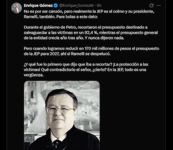 Captura de pantalla de una publicación en red social de Enrique Gómez con texto sobre presupuesto y una foto en blanco y negro de Alejandro Ramelli