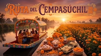 Una trajinera en un canal junto a una mesa con pan de muerto, tamales y flores de cempasúchil, bajo el texto Ruta del Cempasúchil 2026.