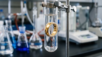 Un tubo de ensayo con líquido y un anillo de oro cubierto de burbujas en su interior, con mataces de laboratorio en el fondo desenfocado.