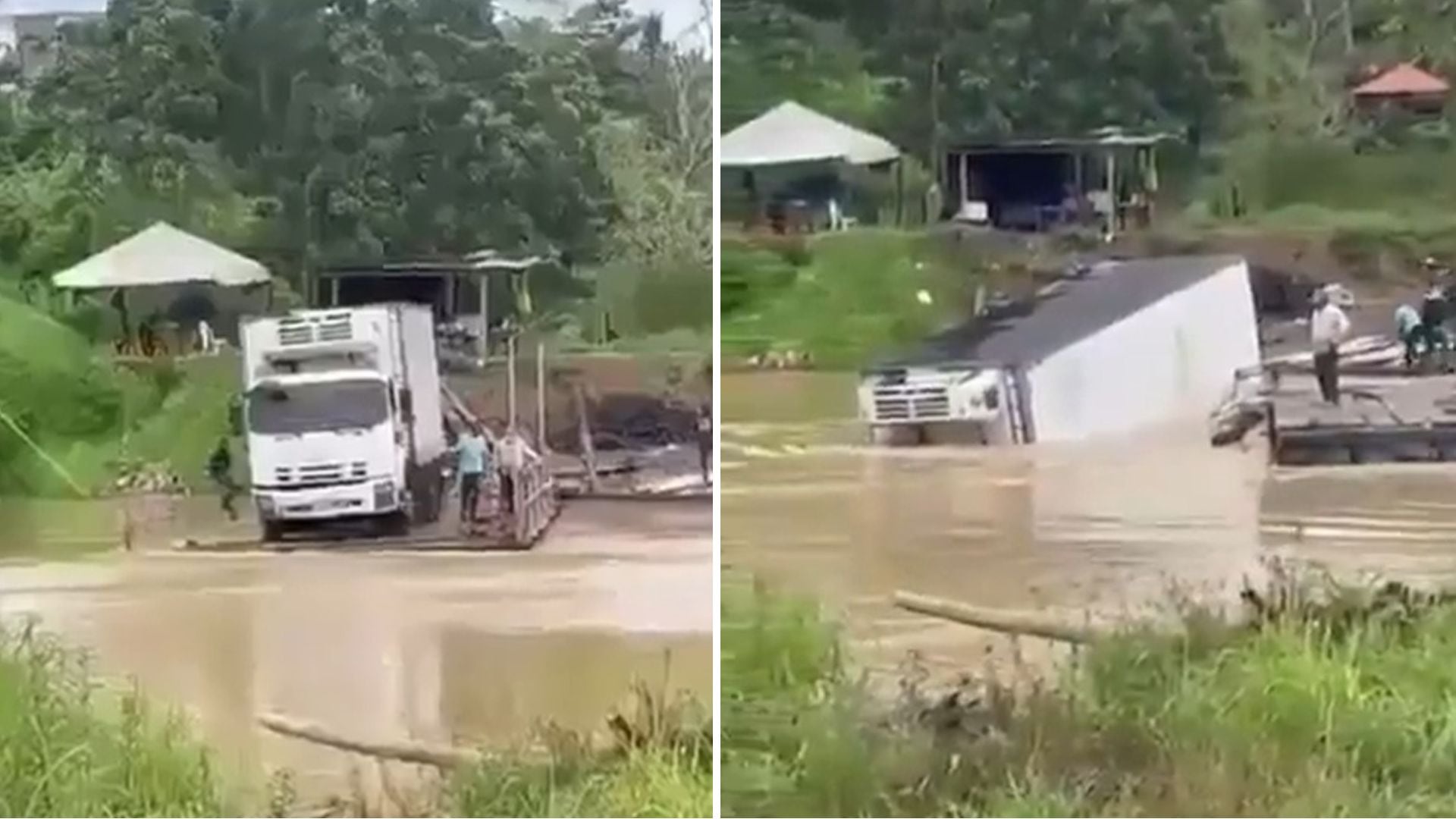 En video quedó el angustioso momento en que un camión se volcó y cayó a un rio en Antioquia por el hundimiento de un planchón