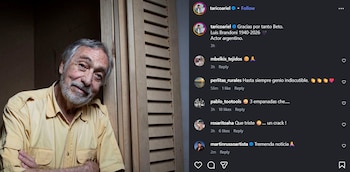 Captura de pantalla de una publicación de Instagram. A la izquierda, el actor Luis Brandoni sonríe. A la derecha, texto que menciona "Luis Brandoni 1940-2026" y comentarios