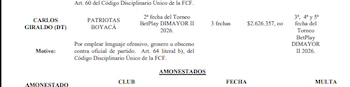 El Comité Disciplinario impuso a Carlos Giraldo una multa de $2.600.000 tras el empate de Patriotas ante Real Santander-crédito Dimayor