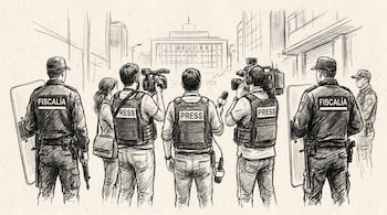Vista trasera de periodistas con chalecos 'PRESS' y equipos de grabación, flanqueados por agentes de la Fiscalía con escudos, mirando hacia un edificio distante.