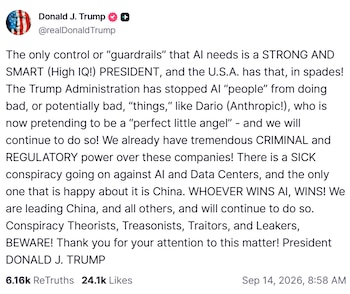 Captura de pantalla de un mensaje en la red Truth Social publicado por la cuenta de Donald Trump sobre la inteligencia artificial
