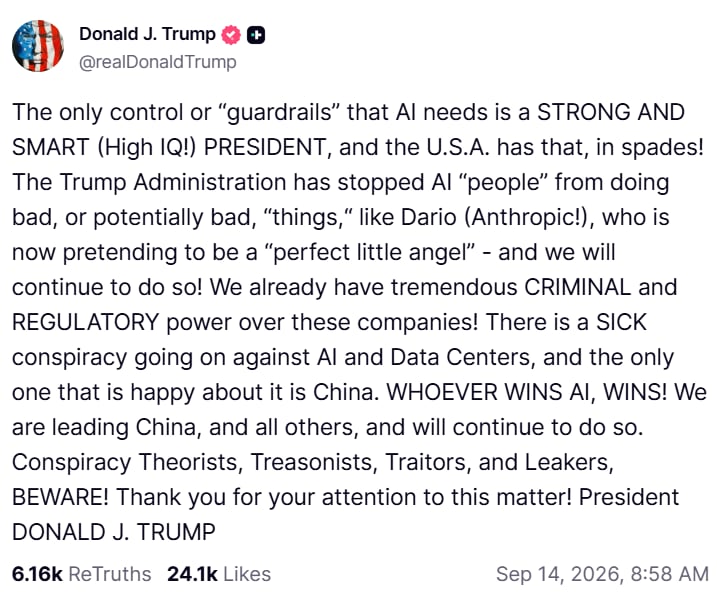 Trump señala que los únicos controles que necesita la IA es un presidente fuerte e inteligente. (Truth Social: realDonaldTrump)