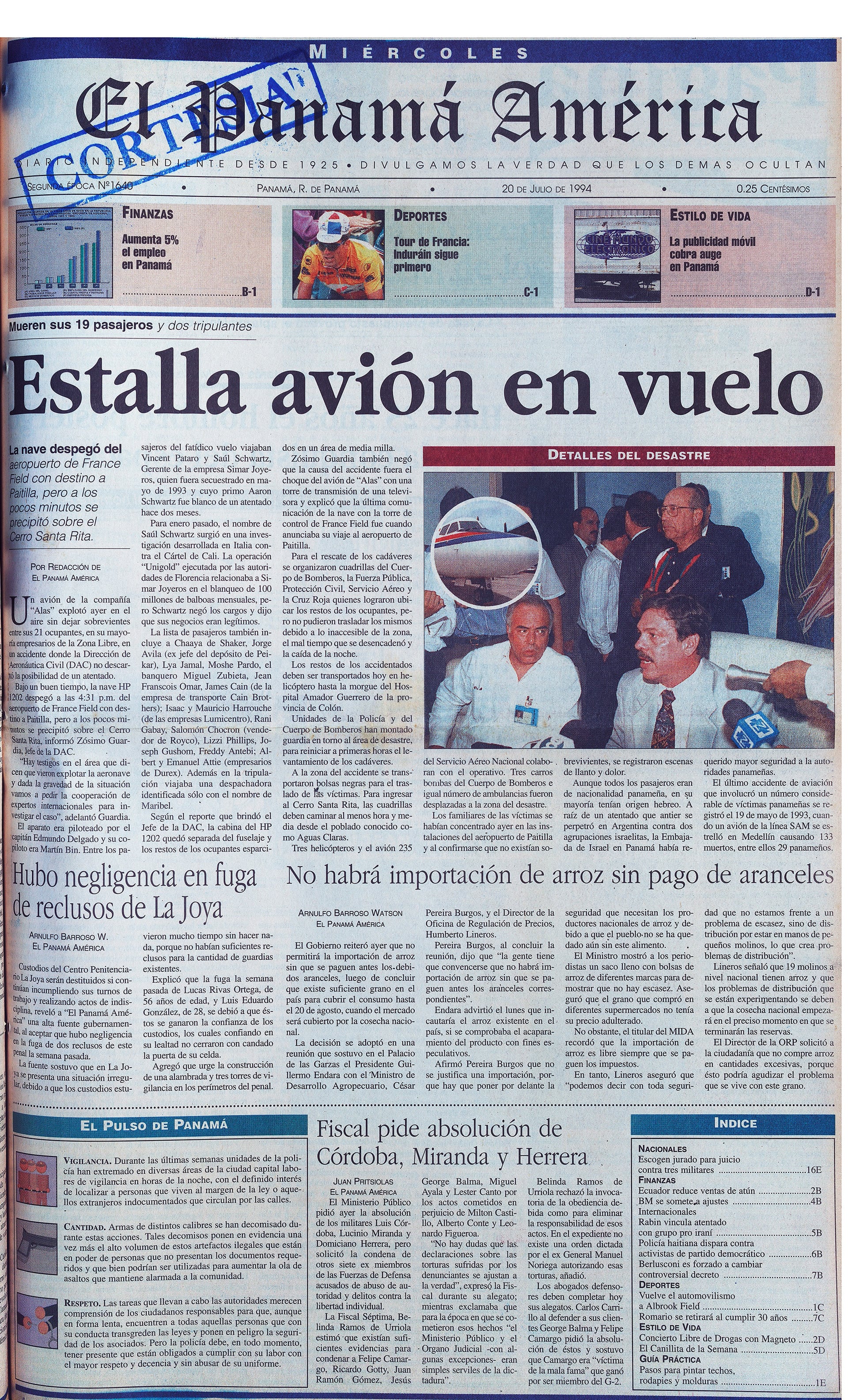 La primera página del diario El Panamá América del 20 de julio de 1994, un día después del ataque perpetrado por Hezbollah y ordenado por Irán