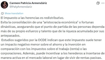 Paty Armendáriz defendió un posible impuesto a las herencias al argumentar que ayudaría a reducir la concentración de grandes fortunas familiares.