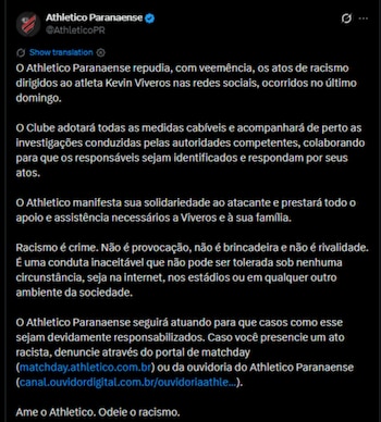 Athletico Paranaense condenó el racismo contra Kevin Viveros, ofreció apoyo a su familia y afirmó que colaborará con la investigación-crédito @AthleticoPR/X