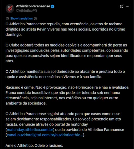 Athletico Paranaense condenó el racismo contra Kevin Viveros, ofreció apoyo a su familia y afirmó que colaborará con la investigación-crédito @AthleticoPR/X