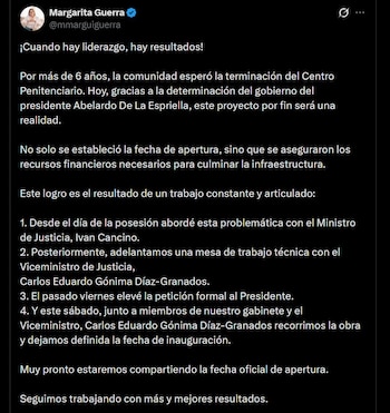 El Gobierno nacional aseguró el cierre financiero y los recursos requeridos para finalizar la infraestructura del penal - crédito @mmarguiguerra / X