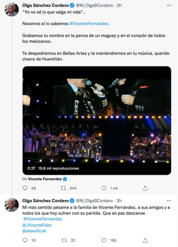 La senadora Sánchez Cordero comunicó sus condolencias a la familia del cantante, así como a todos aquellos que “sufren con su partida” (Foto: Twitter@M_OlgaSCordero)