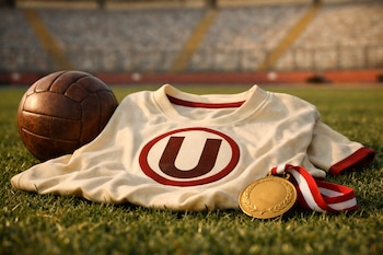 Una camiseta de fútbol color crema con la letra U en el centro, un balón de cuero marrón y una medalla dorada con cinta roja y blanca, sobre césped de estadio.