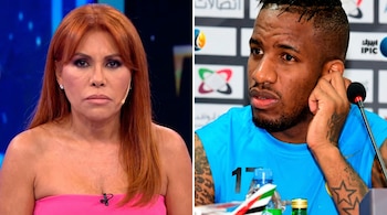 Composición de dos imágenes mostrando a Magaly Medina, mujer pelirroja con top rosa, y a Jefferson Farfán, hombre de cabello oscuro con camiseta azul y tatuajes.