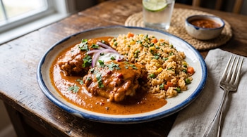 Un plato con piezas de pollo en salsa roja con crema y cilantro, acompañado de arroz con verduras sobre una mesa de madera.