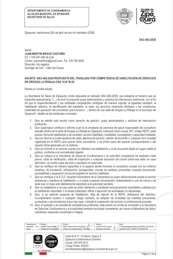 La administración municipal indicó que no tiene certeza sobre el prestador responsable del servicio ni sobre su registro en el sistema REPS - crédito @juanmartinbc/X