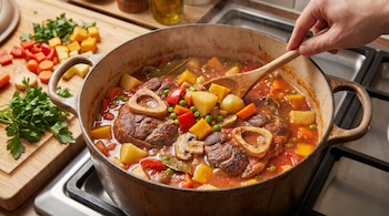 Una olla con guiso de osobuco, papas, zapallo, zanahorias, morrón, arvejas y hongos. Una mano lo mezcla con cuchara de madera. Hay verduras picadas en una tabla de madera.