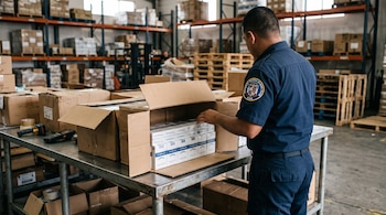 Un oficial aduanero con uniforme azul examina una caja con paquetes de cigarrillos sobre una mesa metálica en un depósito.