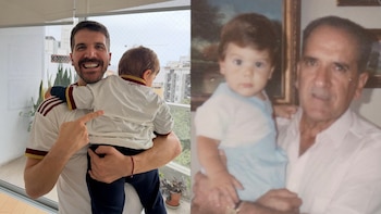 Collage de dos fotos. Izquierda: un hombre sonriente carga a un niño que viste camiseta de España. Derecha: foto antigua de un hombre mayor con un bebé