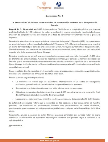 La Aeronáutica Civil de Colombia confirmó que el incidente entre Lufthansa y Qatar Airways en El Dorado no representó riesgo para la seguridad aérea - crédito Aerocivil