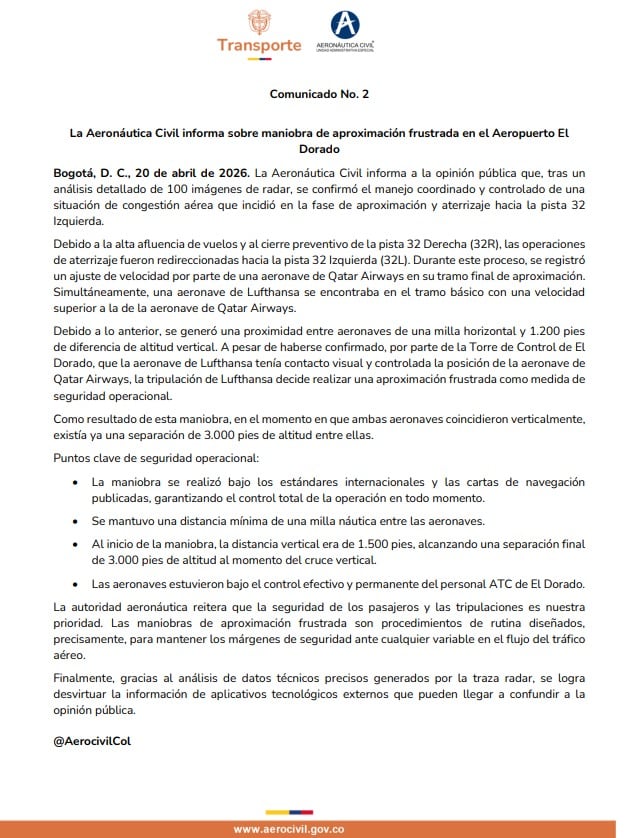 La Aeronáutica Civil de Colombia confirmó que el incidente entre Lufthansa y Qatar Airways en El Dorado no representó riesgo para la seguridad aérea - crédito Aerocivil